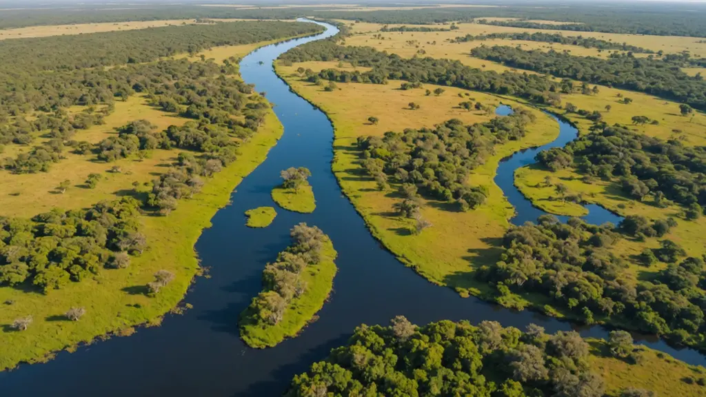 High angle view of a peaceful river in the Okavango Delta