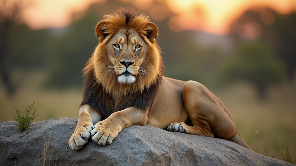 Eye-level view of a lion resting on a rock