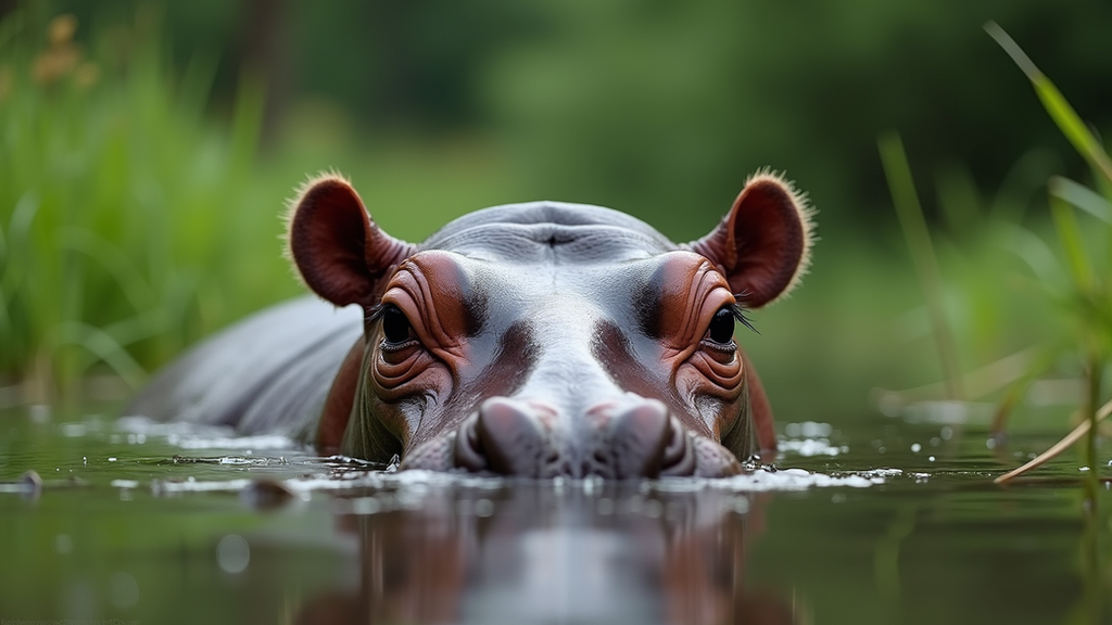 Close-up view of a hippo partially submerged in water with lush green banks