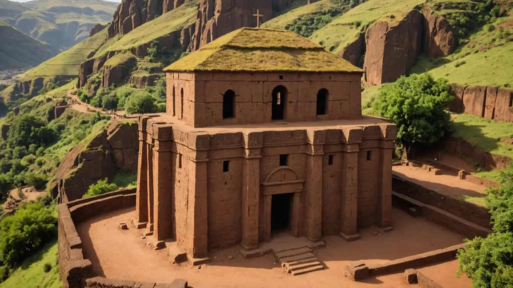 Close-up view of a rock-hewn church in Lalibela