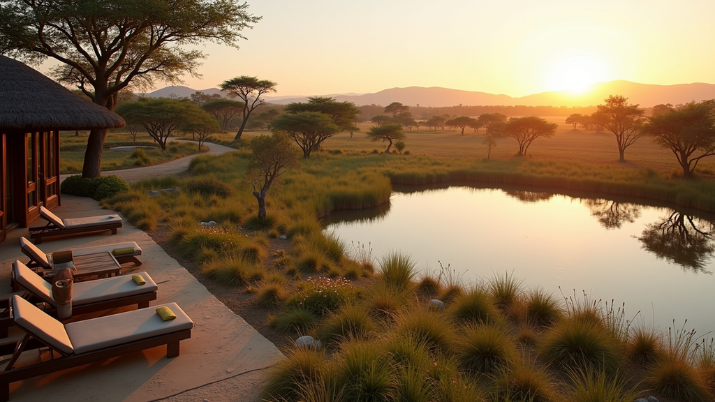 High angle view of a luxury safari lodge overlooking a watering hole