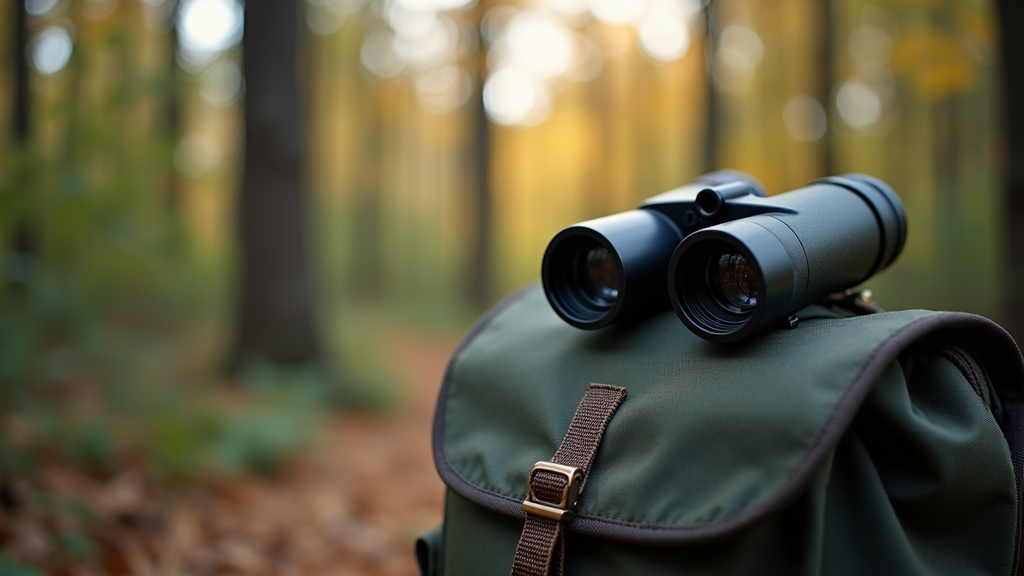 Close-up view of binoculars resting on a backpack with a blurred forest background
