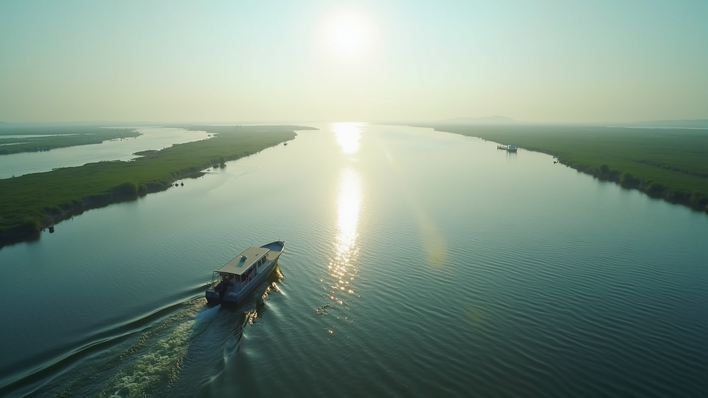 High angle view of a boat on a wide water channel with distant wildlife on the banks