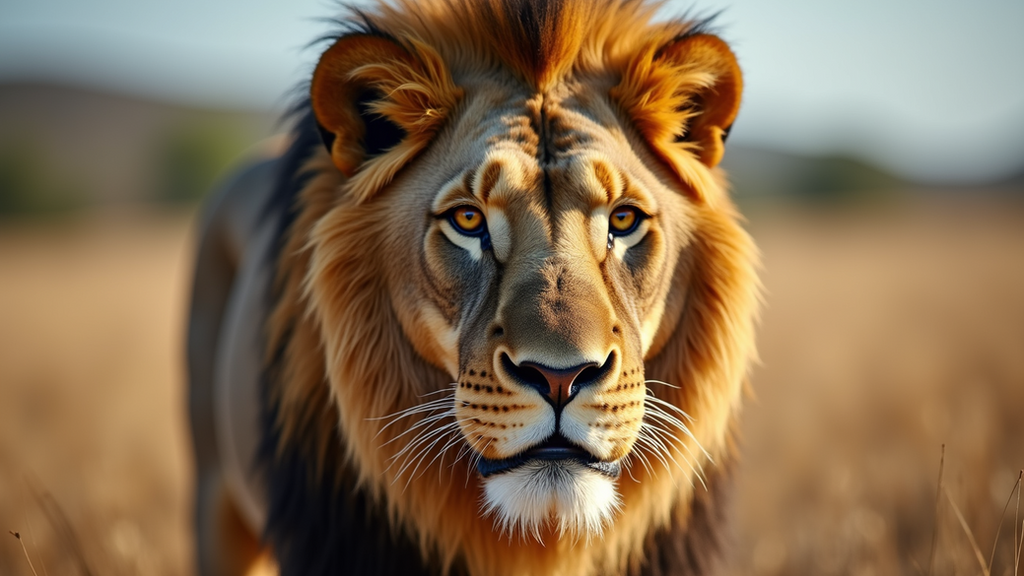 Eye-level view of a lion marked by its striking mane