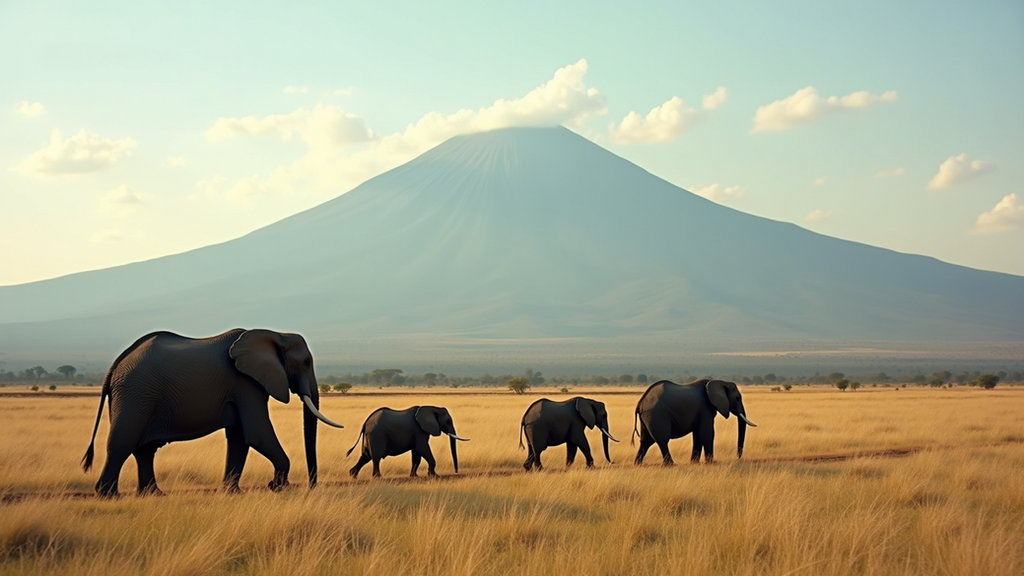Wide angle view of elephants walking near Mount Kilimanjaro in Amboseli National Park