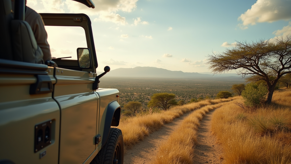 High angle view of a traditional safari vehicle overlooking a picturesque landscape