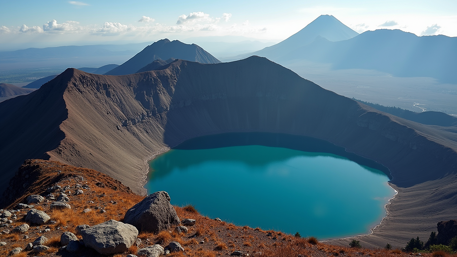 High angle view of mountain peak with crater lake in Volcanoes National Park