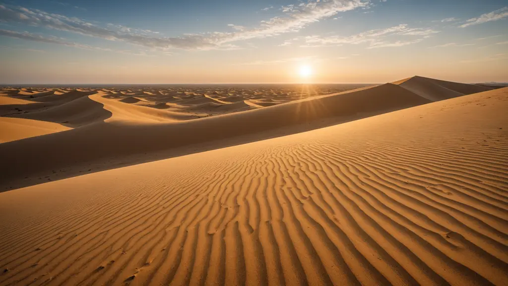 Wide angle view of endless golden sand dunes