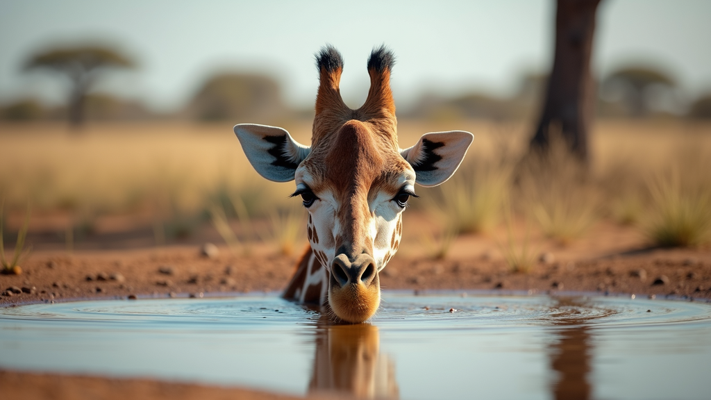 Eye-level view of a giraffe at a waterhole in Etosha