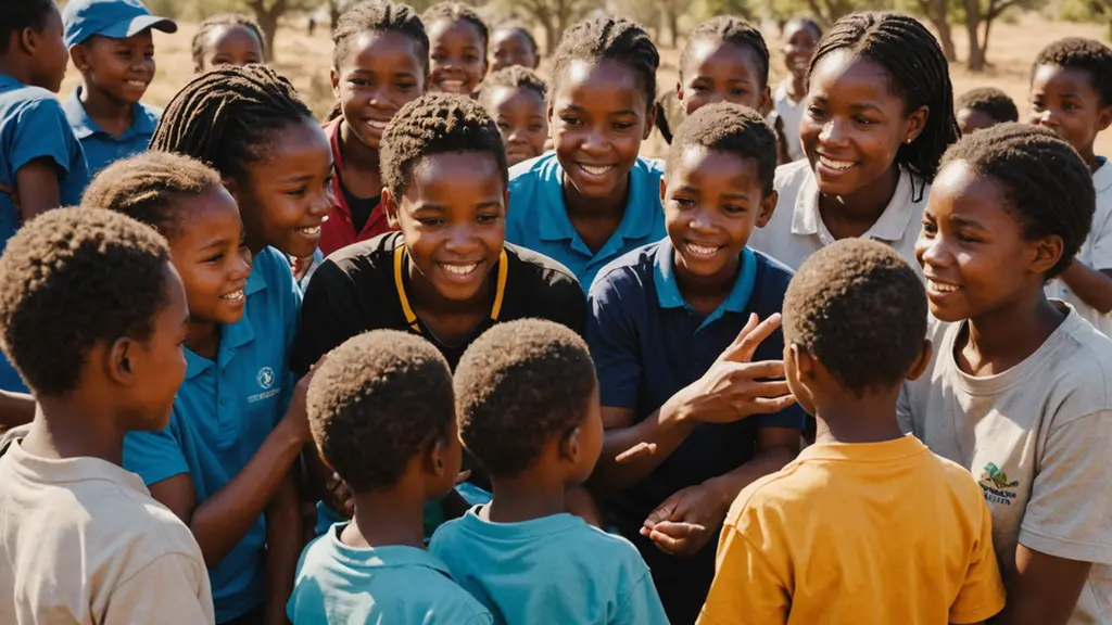 Eye-level view of volunteers interacting with local children in South Africa