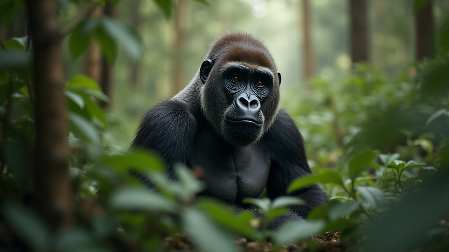 Close-up view of mountain gorilla in dense forest